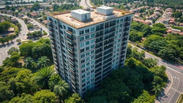 Aerial view of West Oakland affordable senior housing with greenery.