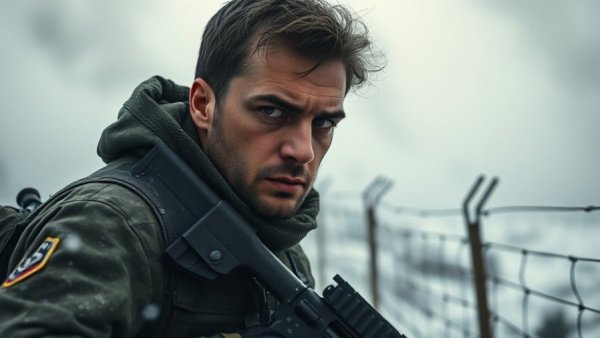 Ukrainian soldier in smoky battlefield setting.