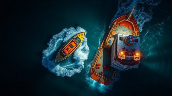 Rescue operation at sea with capsized boat and ship.