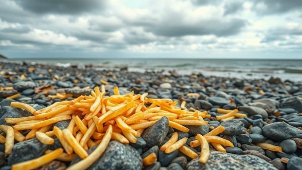 French fries scattered on a rocky beach after cargo ship spill.