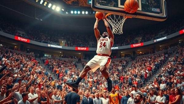 California Golden Bears basketball player dunks over Stanford with crowd cheering.