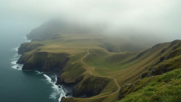 Misty coastline in Daly City with winding trails and beach access issues.