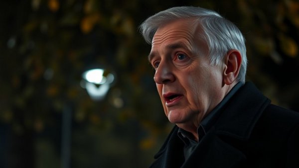 Older male speaking about tariffs outdoors at night