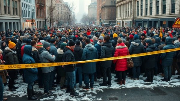 Protesters gathered behind tape in urban winter setting.