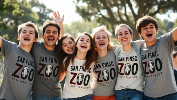 Young group enjoying San Francisco Zoo in themed t-shirts