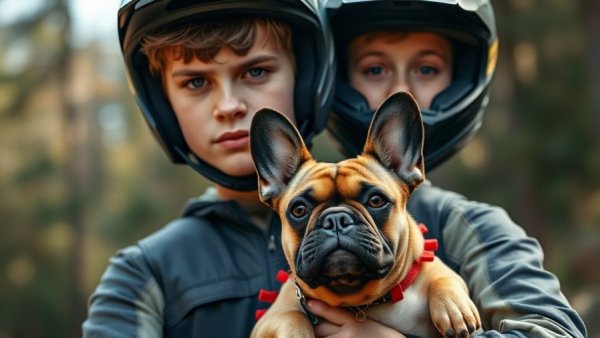 Motocross teen with helmet holding French bulldog in forest.