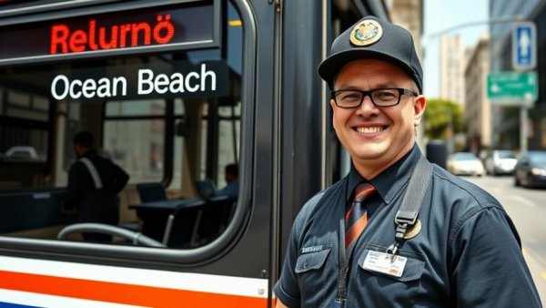 San Francisco bus driver, standing beside Muni bus to Ocean Beach, smiling.