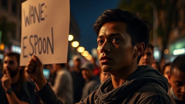 Protest against ICE violence, holding signs in nighttime rally.