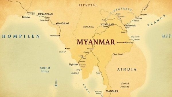 Vintage map highlighting all-night concerts in Myanmar.