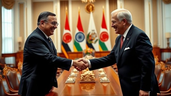 Officials handshake next to ceremonial items, Trump increased tariffs on South Korea context.