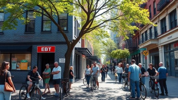 Urban street scene in East Oakland near blue building on sunny day