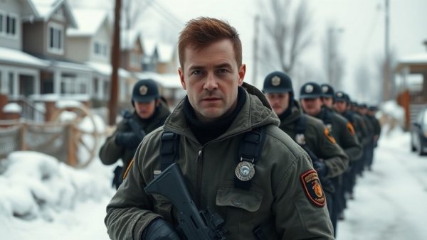 Minneapolis immigration crackdown with border patrol agent in snowy city.