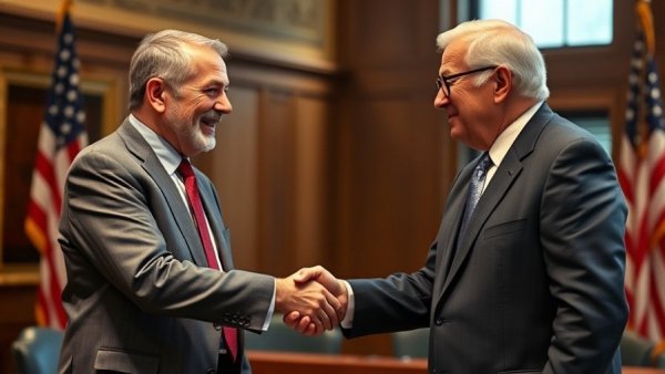 Professional handshake between two older men at a formal event, flags in background.
