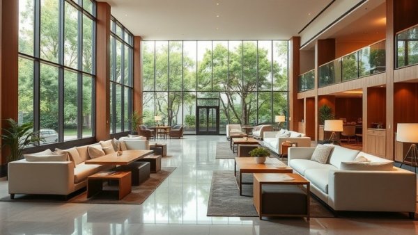 Elegant lobby in luxury boutique hotel with large windows and modern furniture