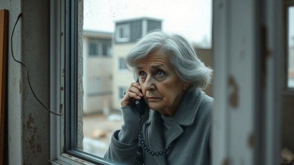 Worried elderly woman in damaged building in Kherson amid drone threats.