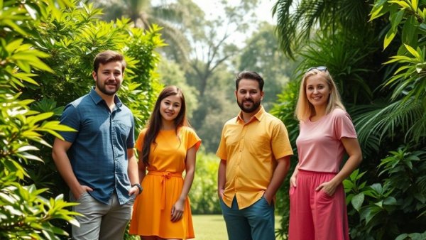 Group standing in garden, vibrant colors, lush greenery.