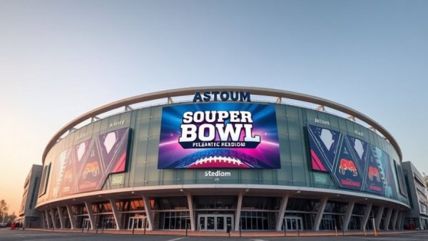 Modern stadium with Super Bowl poster reflecting on ticket prices 2026.