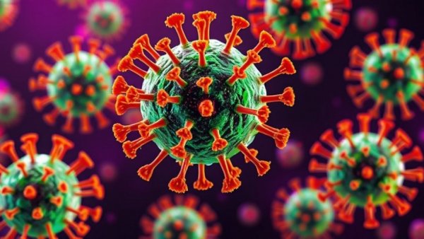 Detailed illustration of Nipah virus particles in a purple background.