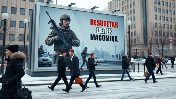 Russian military recruitment billboard in winter street scene