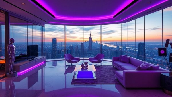 Futuristic San Francisco luxury penthouse with skyline view.