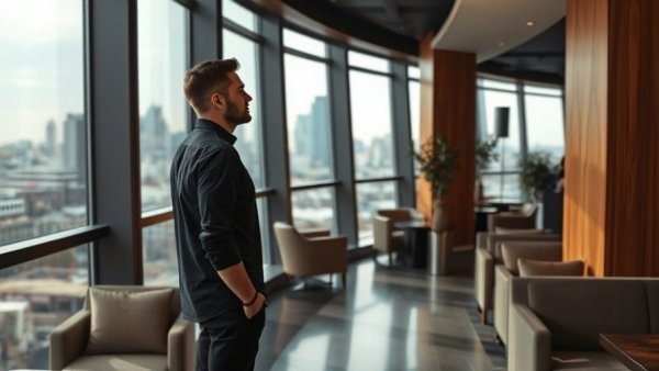 Man in modern lounge reflecting, related to Transamerica Pyramid investment controversy.