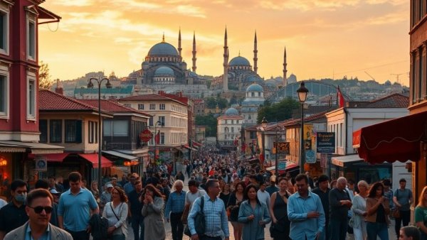 Istanbul cityscape at sunset, vibrant scene with historical landmarks