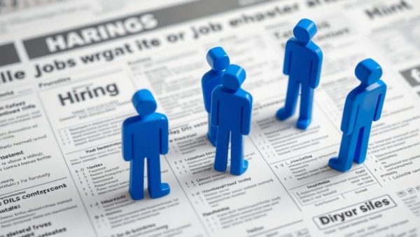 AI in Hiring Practices: Blue human icons on job listings, abstract scene.