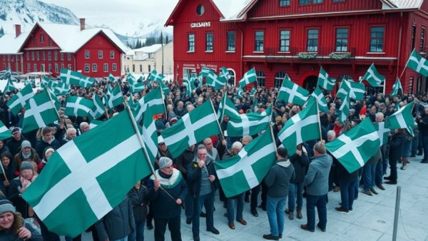 Greenlanders with flags in a snowy town, gathering in front of red building.