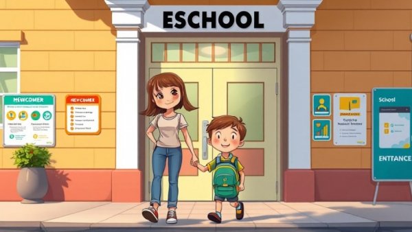 Supportive adult with child at newcomer school entrance for immigrant students.