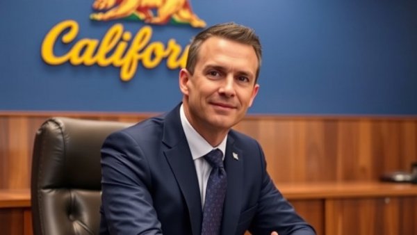 Confident man in suit seated at desk with California emblem in office.