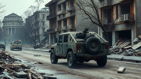 Ukraine frontline challenges depicted by military vehicle through debris.
