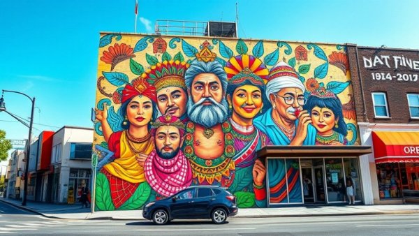 Mission Cultural Center mural depicting colorful figures and symbols.