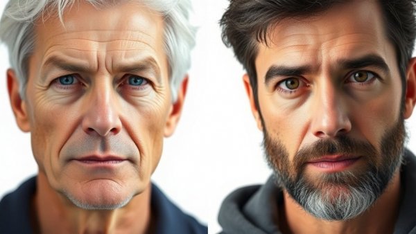 Portraits of two men, neutral expressions, contrasting hair colors.
