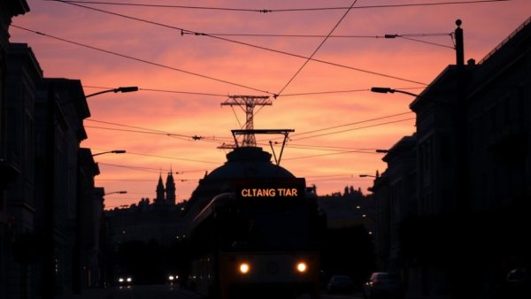 San Francisco tram at sunset on city street, San Francisco local news.