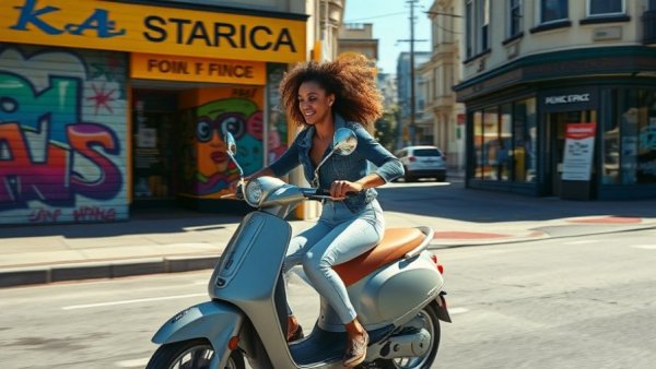 Empowered woman on scooter in San Francisco street art scene.