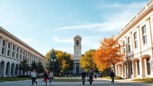 Texas A&M University campus with students and clock tower under clear sky.