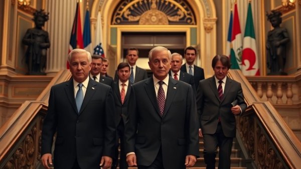 Leaders gather on grand staircase with international flags.