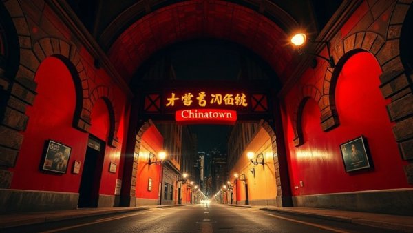 Urban tunnel entrance with Chinatown sign, nighttime street view.