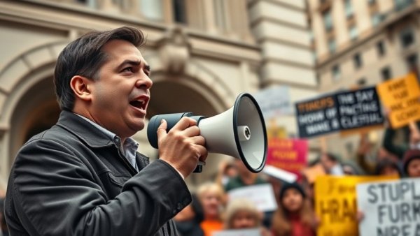 Protester with megaphone at San Francisco teachers strike 2026, vivid scene.