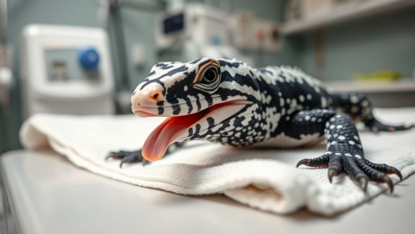 Tegu lizard at rescue in Rhode Island veterinary clinic, tongue extended.