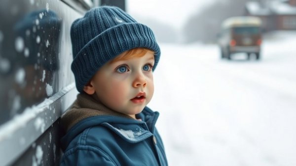 Young child in blue hat standing by snowy vehicle reflecting on 5-Year-Old Immigration Detention Ruling.