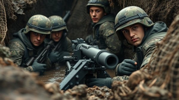 Soldiers operate howitzer in trench amid Ukraine Peace Talks Delay.