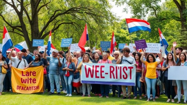 Protesters at ICE enforcement Super Bowl rally with banners and flags.