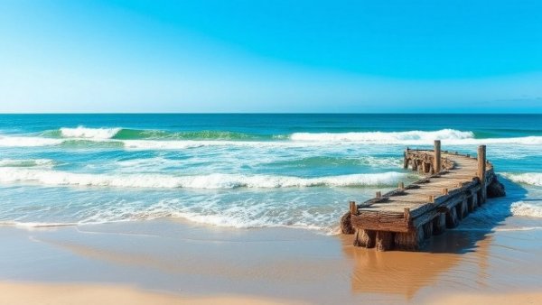 Tranquil sunny beach with a wooden breakwater in the ocean.