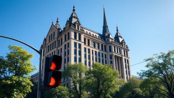 DOJ and Press Law building with traffic light and clear sky.
