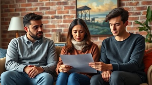 Three people reading a statement in a solemn setting, emotional moment.