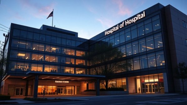 Modern hospital building at dusk with illuminated signage, wide-angle shot.