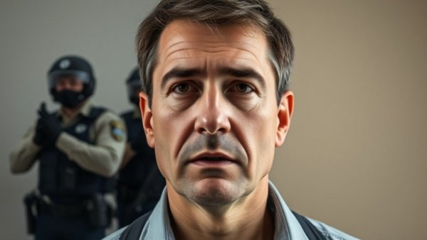 Thoughtful man juxtaposed with law enforcement; Rein in ICE concept.