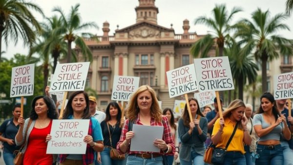 San Francisco teachers strike with protesters and signs in front of ornate building.