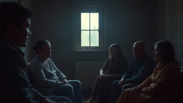 Family in dim room during Russia-Ukraine peace talks, concern.